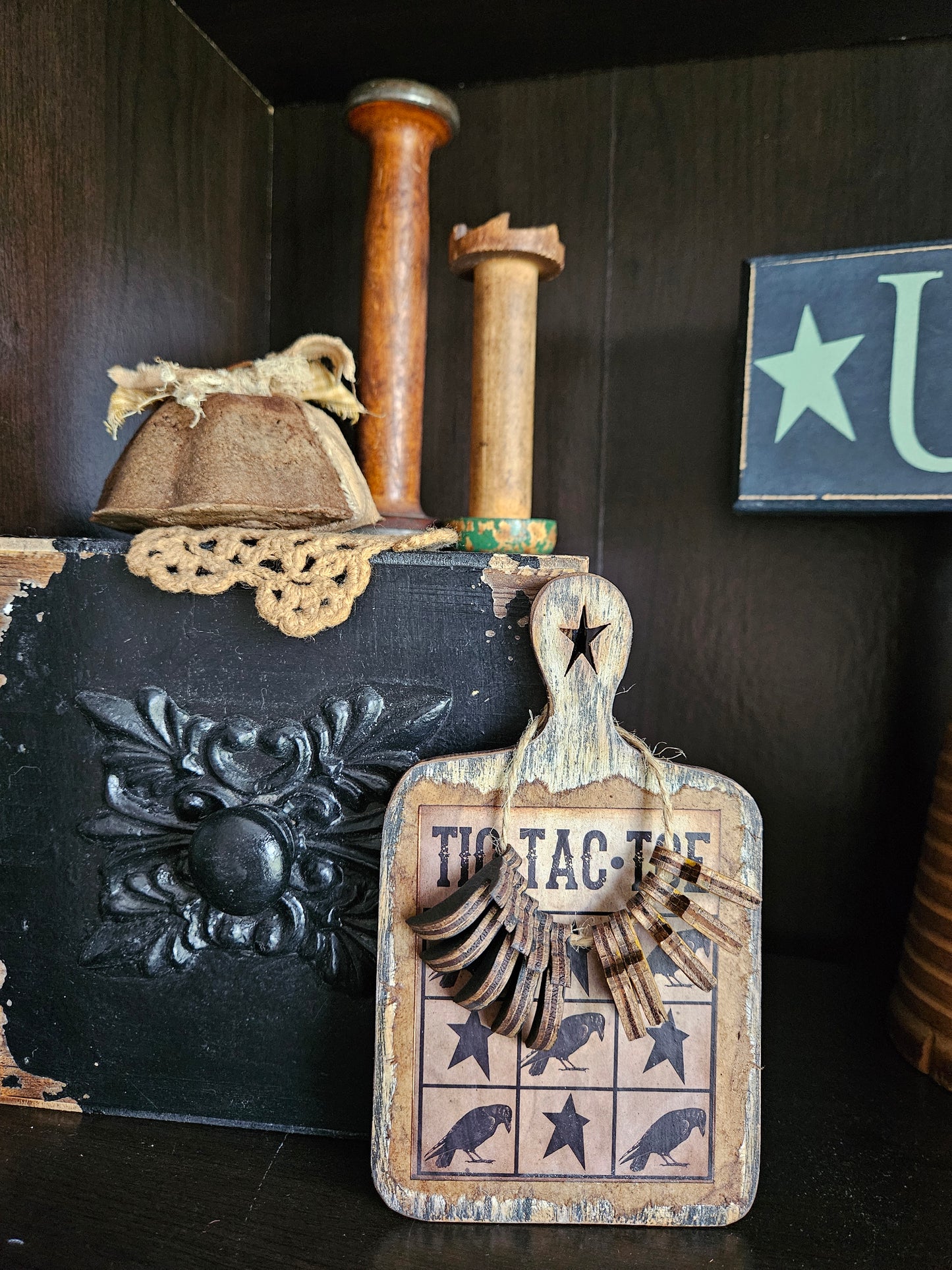 Primitive Tic Tac Toe Mini Game Board, Home Decor