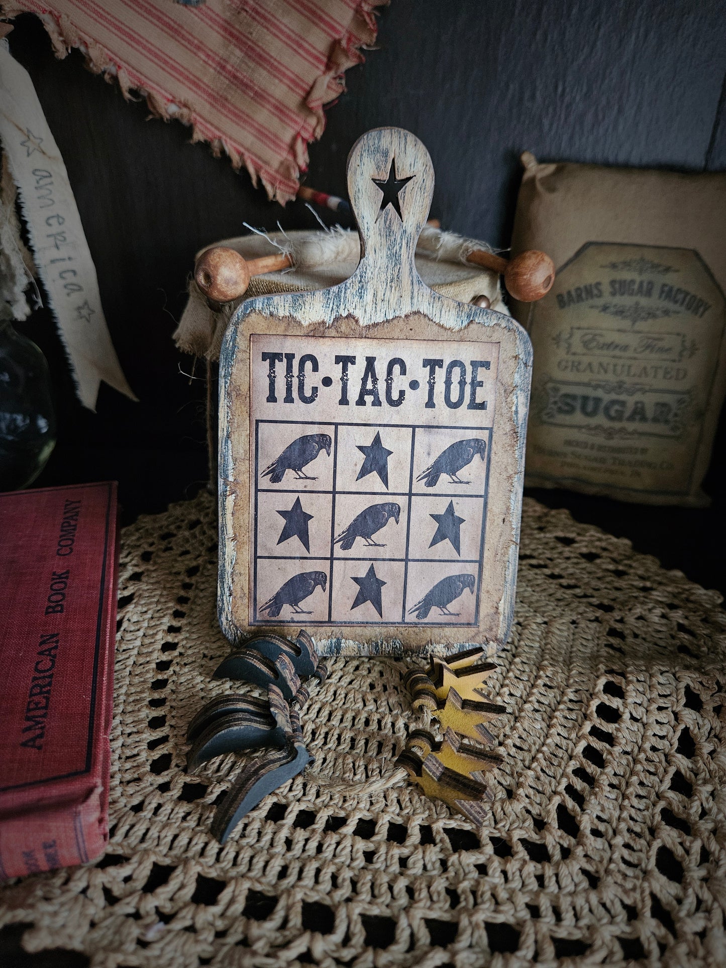 Primitive Tic Tac Toe Mini Game Board, Home Decor