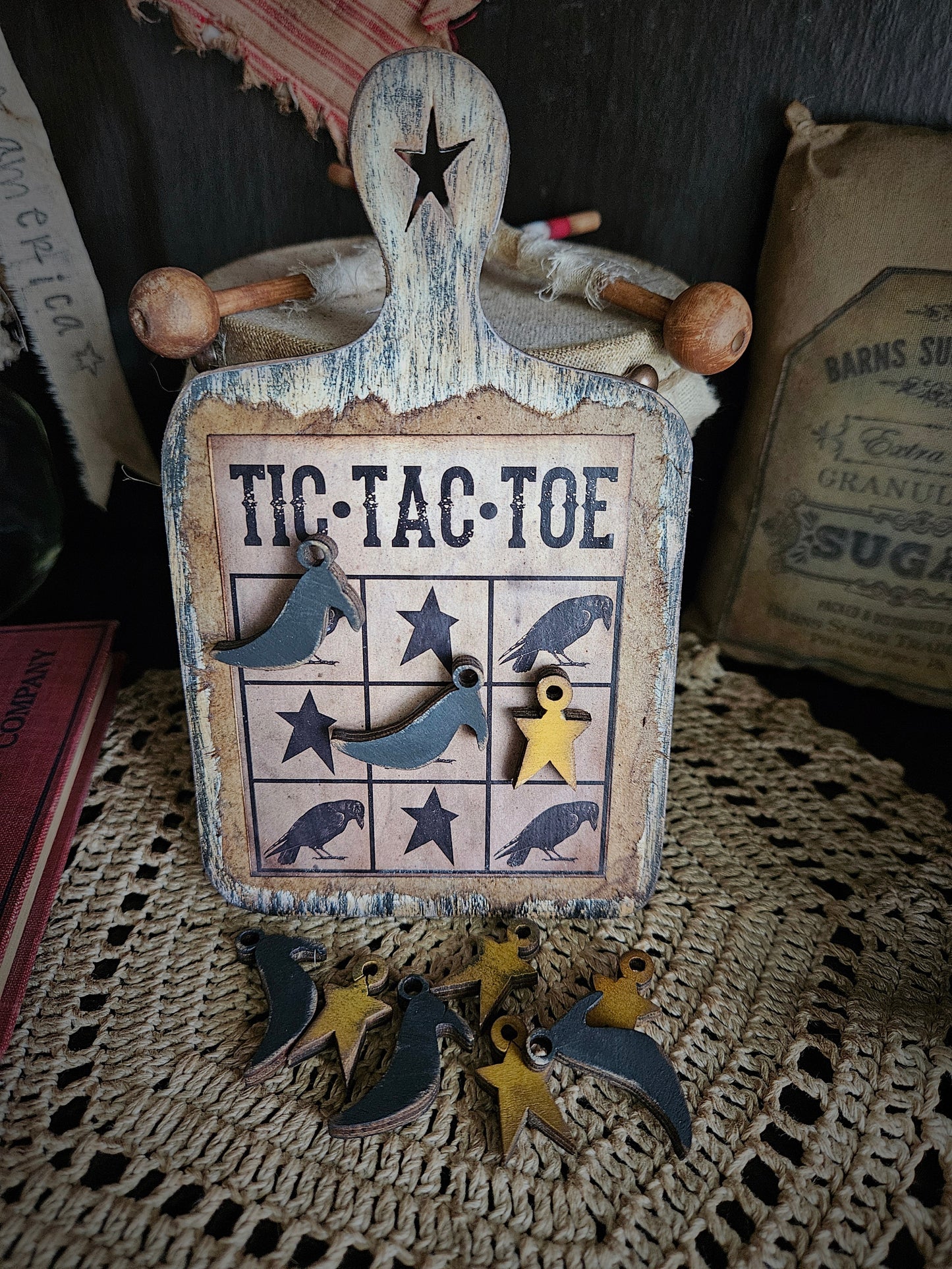 Primitive Tic Tac Toe Mini Game Board, Home Decor