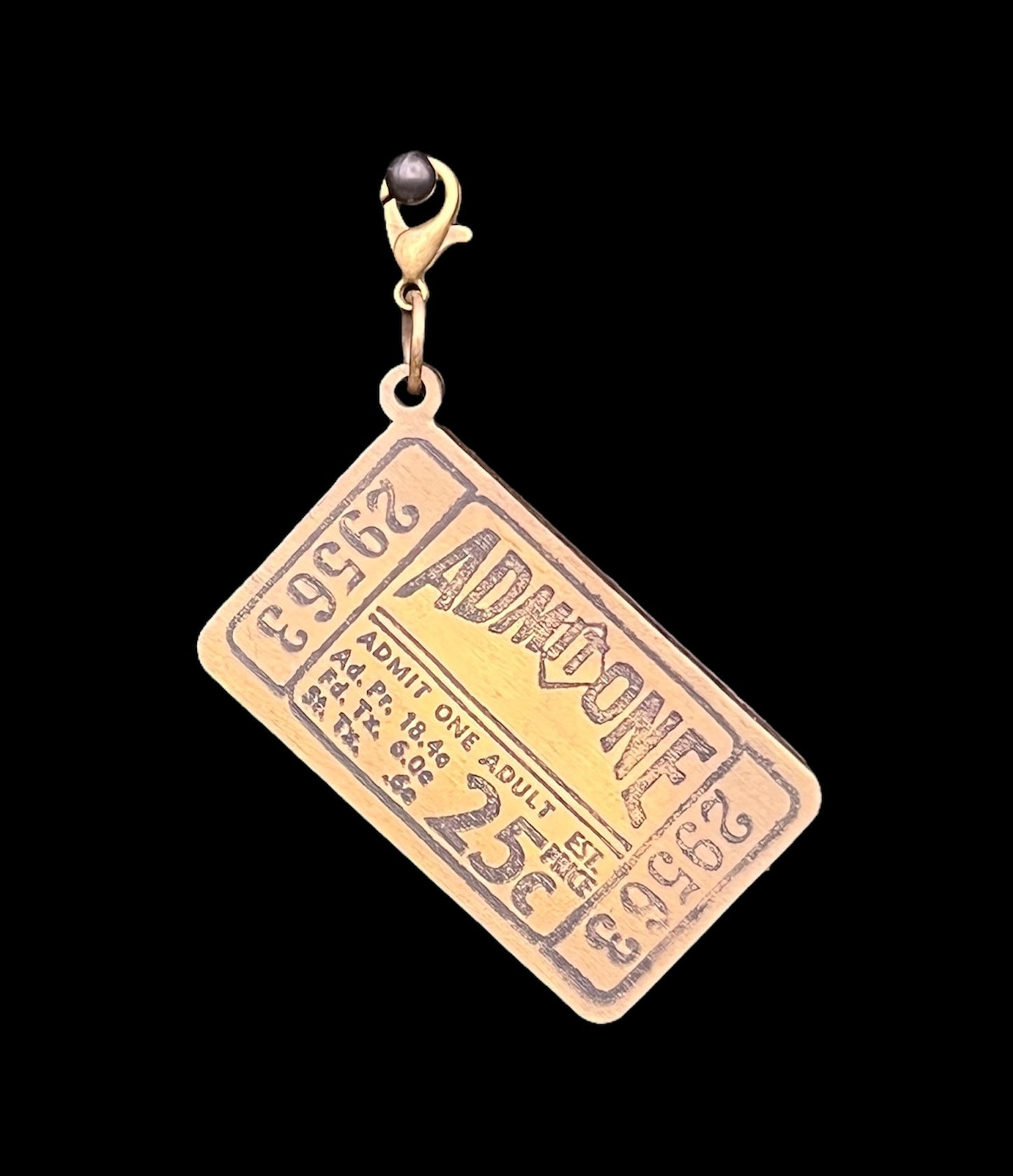 Vintage “Admit One” ticket charm made from hand stamped birch wood with lobster clasp for junk journaling or crafts.