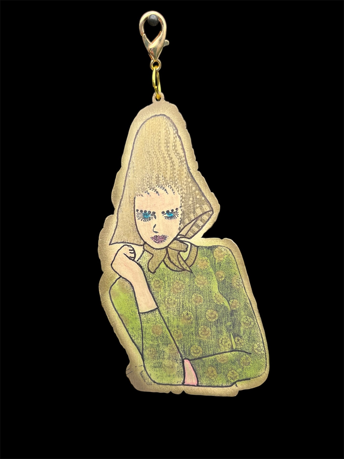 Hand-painted artsy retro girl wood charm with clasp for junk journaling