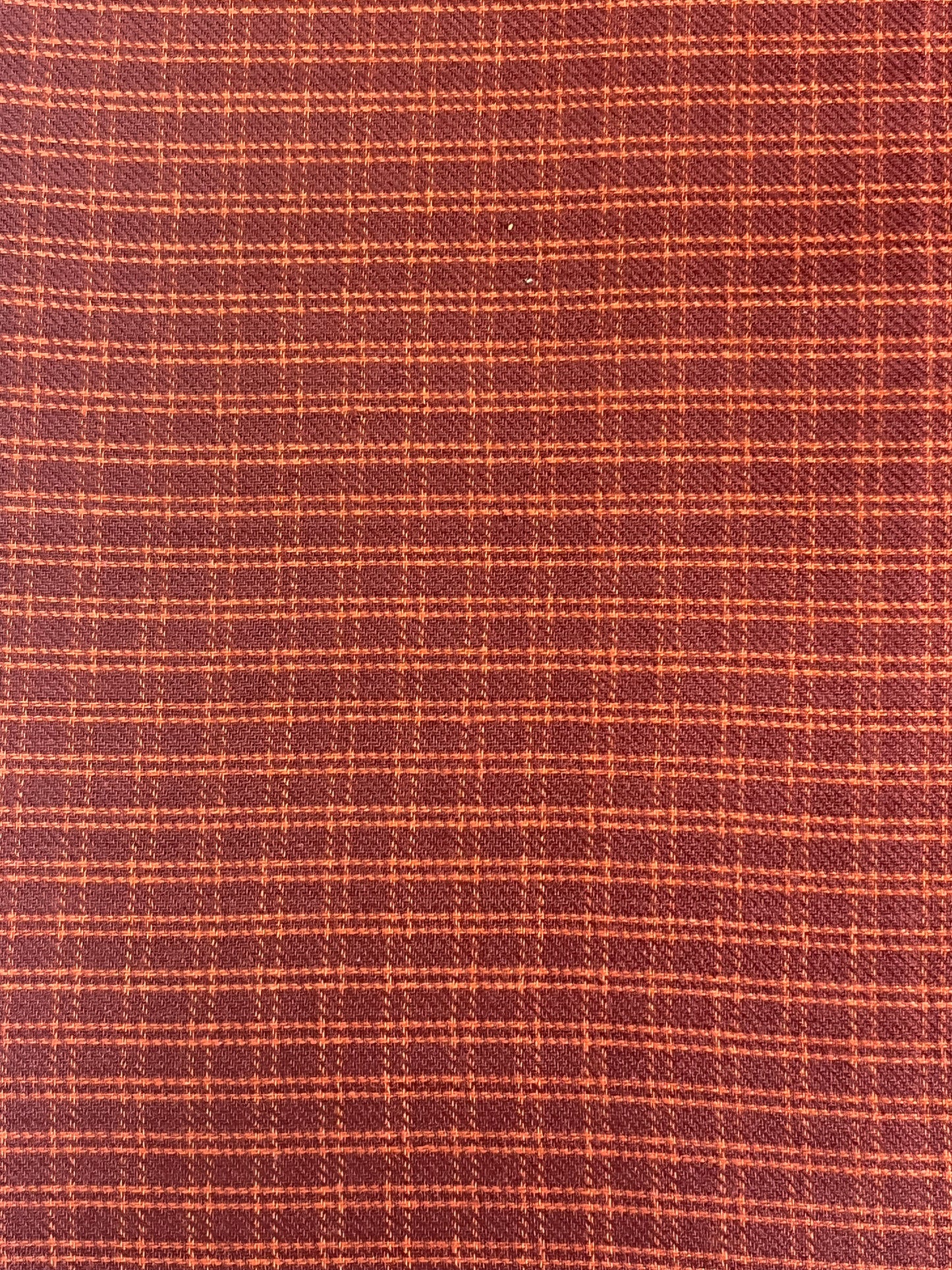 Andover Fabrics brick red on orange primitive check cotton fabric, shown with ruler for scale. Perfect for doll making, quilting, and primitive crafts.