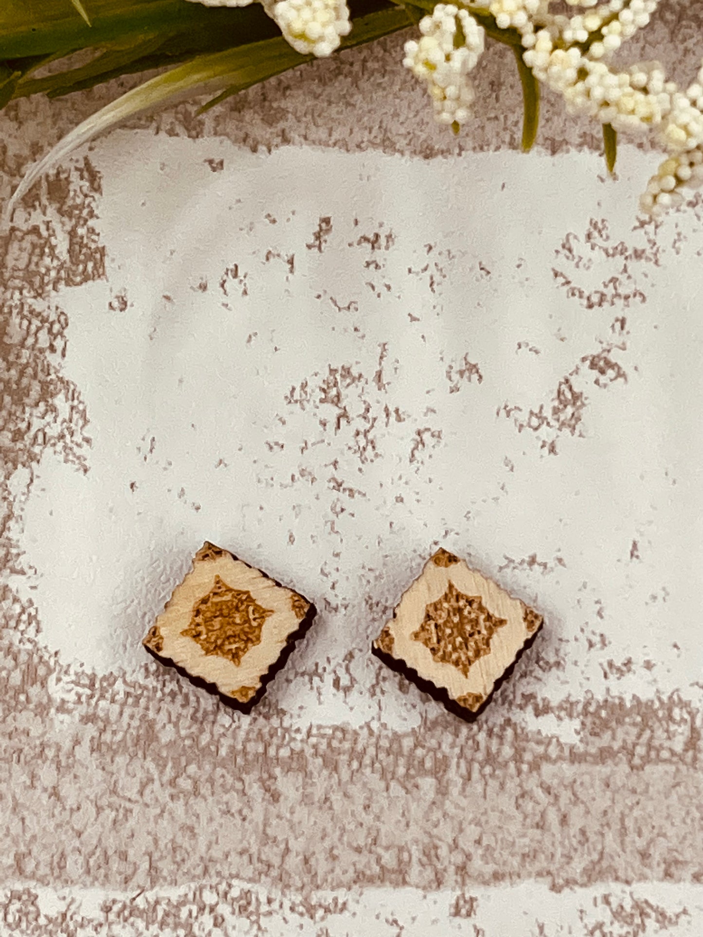 Wood Earring Blanks Square studs with Mandala design in Center
