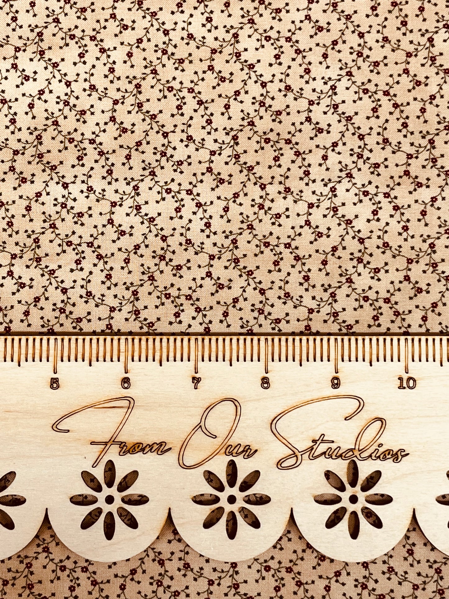 Closeup of Moda Harvest Home OOP fabric fat quarter with delicate tiny floral print, perfect for doll making, quilting, and vintage sewing projects.