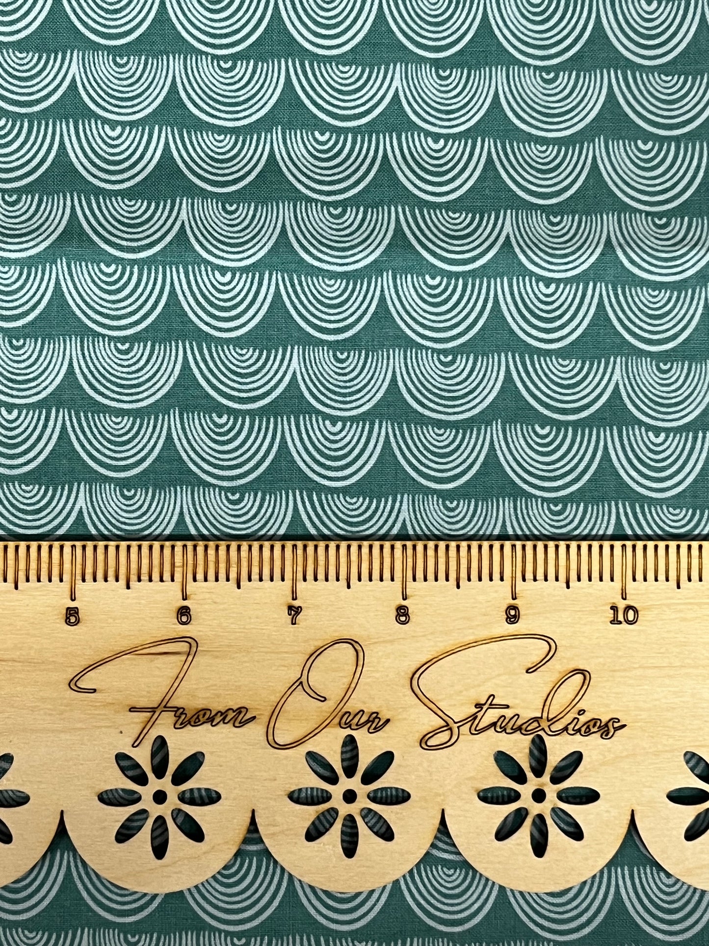 Close up of teal riley blake glamping fat quarter