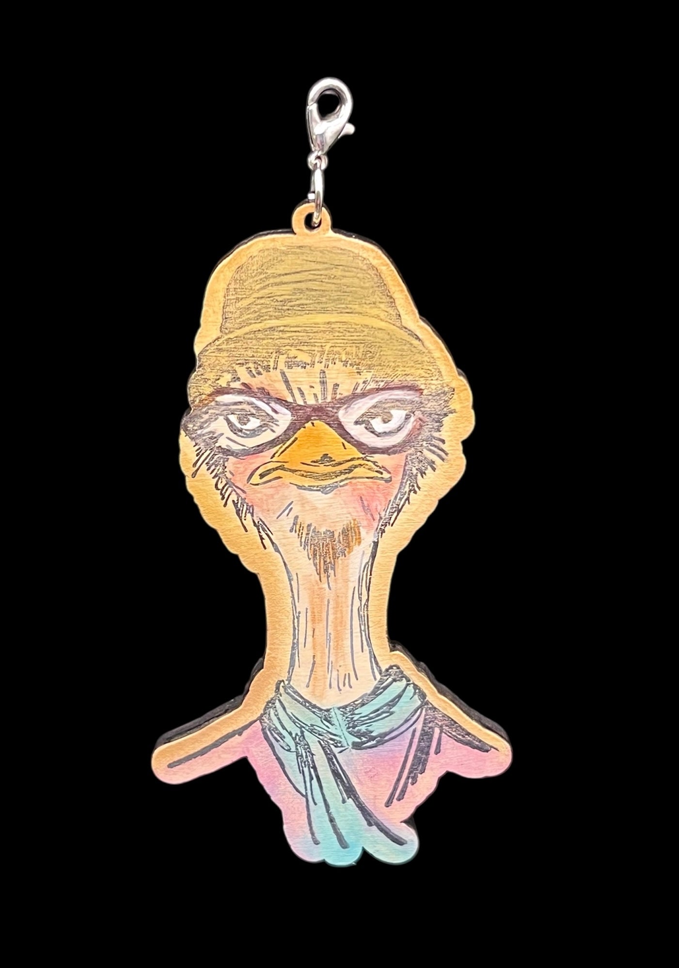 Hand painted and hand stamped birch wood ostrich charm for junk journaling, 3.5" x 2" handmade embellishment with clasp