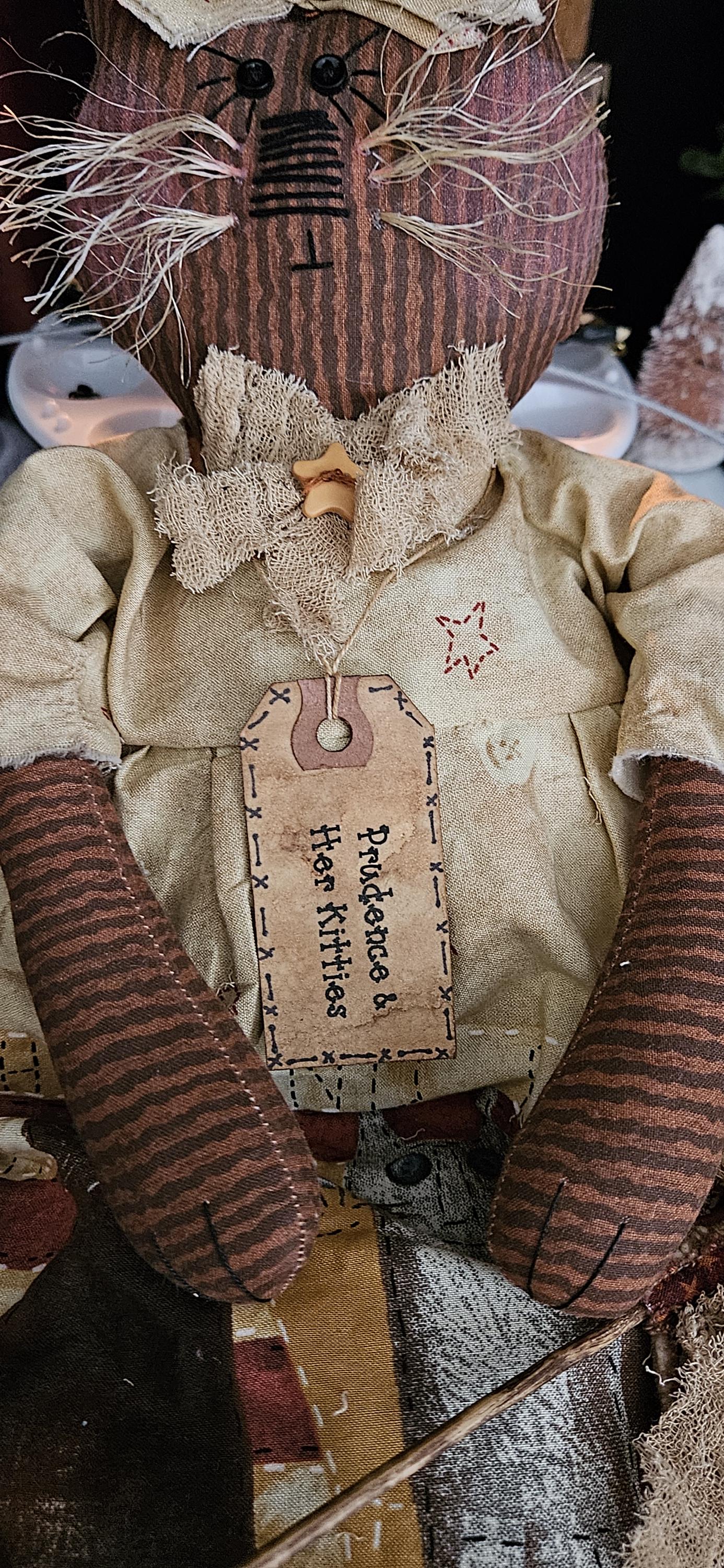 Primitive Americana Kitty Doll, Prudence Cloth Cat with Patriotic Flag, Handmade, Farmhouse, Rustic Folk Art Decor, 20 in, Stuffed Animal