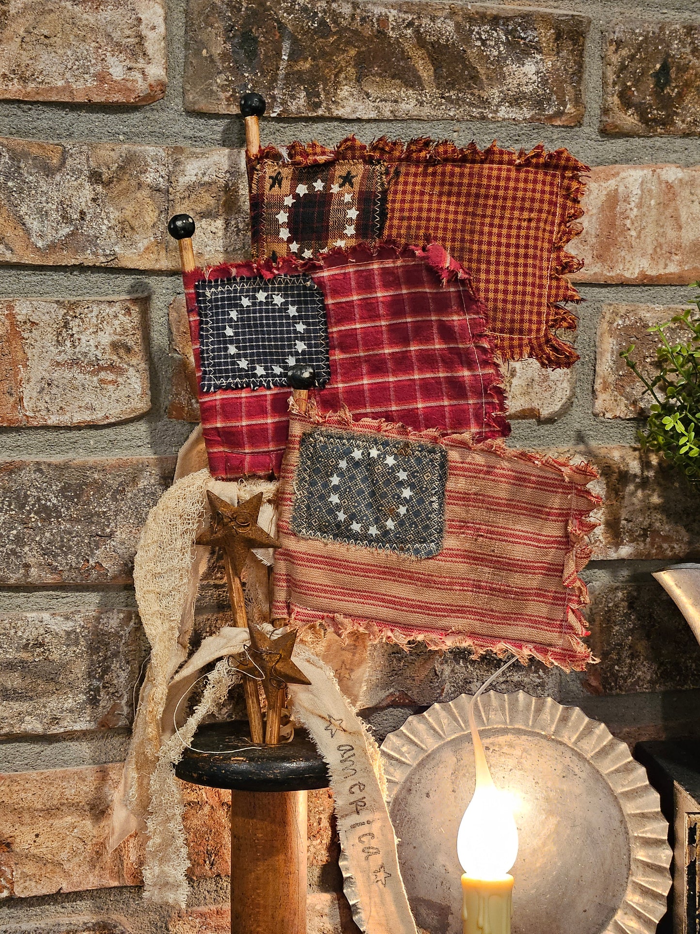 Primitive Rag Quilt Flags- Set of 3