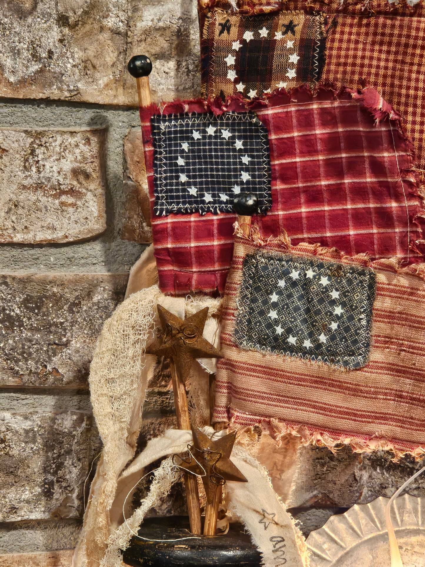 Primitive Rag Quilt Flags- Set of 3