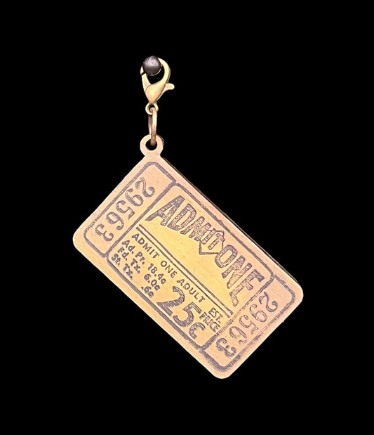 Vintage “Admit One” ticket charm made from hand stamped birch wood with lobster clasp for junk journaling or crafts.
