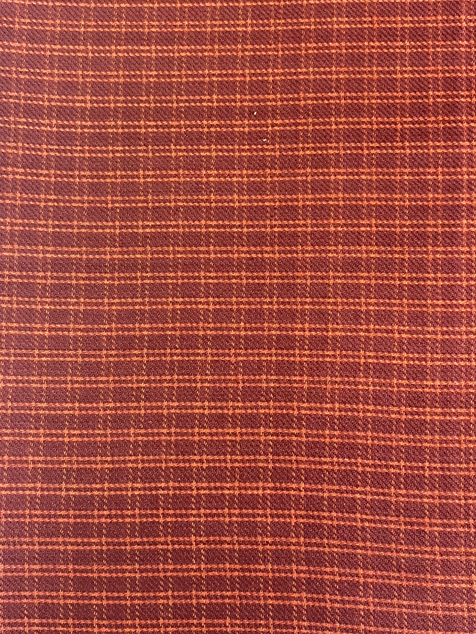 Andover Fabrics brick red on orange primitive check cotton fabric, shown with ruler for scale. Perfect for doll making, quilting, and primitive crafts.