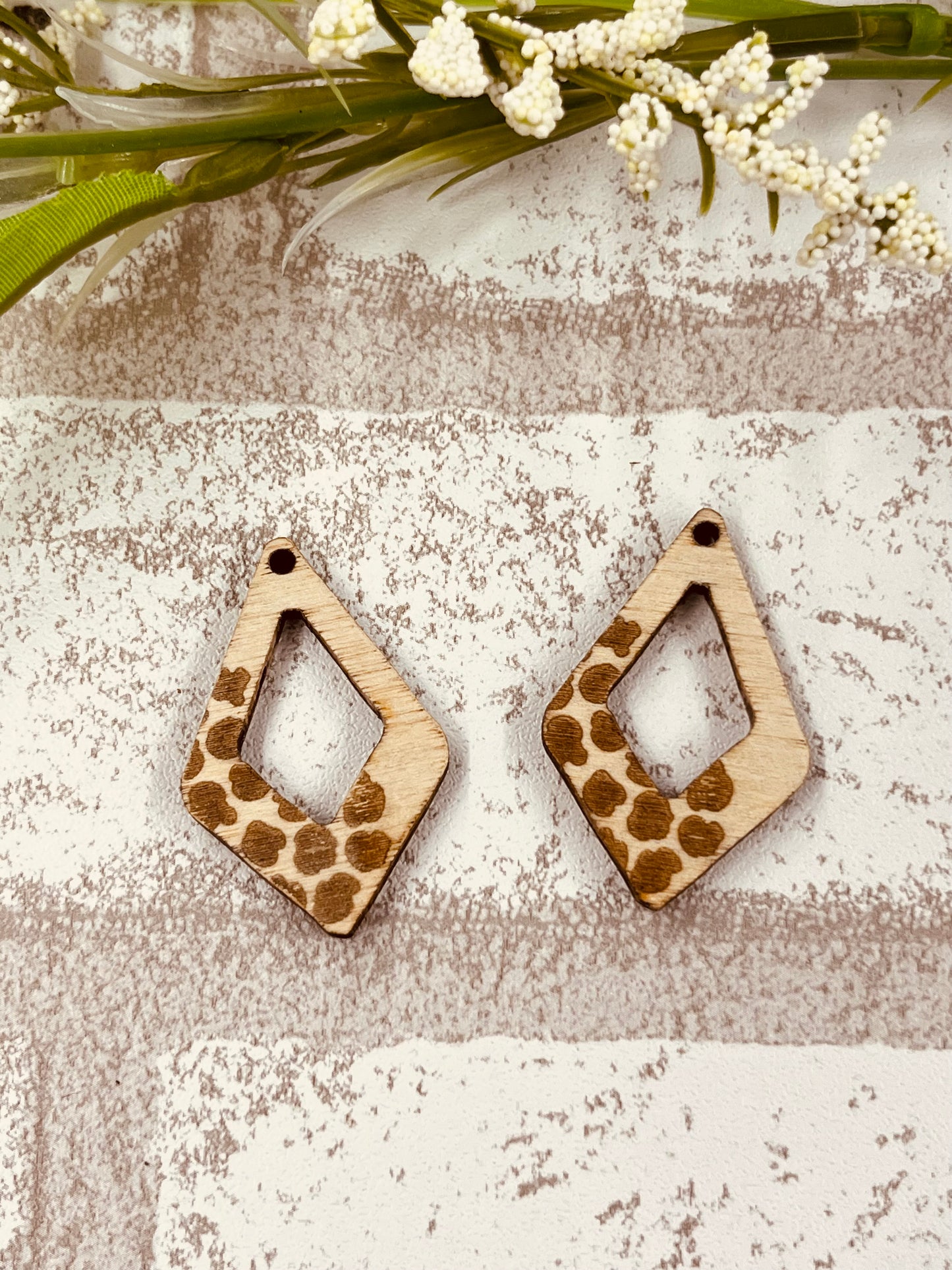 Wood Earring Blanks Diamond Shaped Leopard Print Dangles