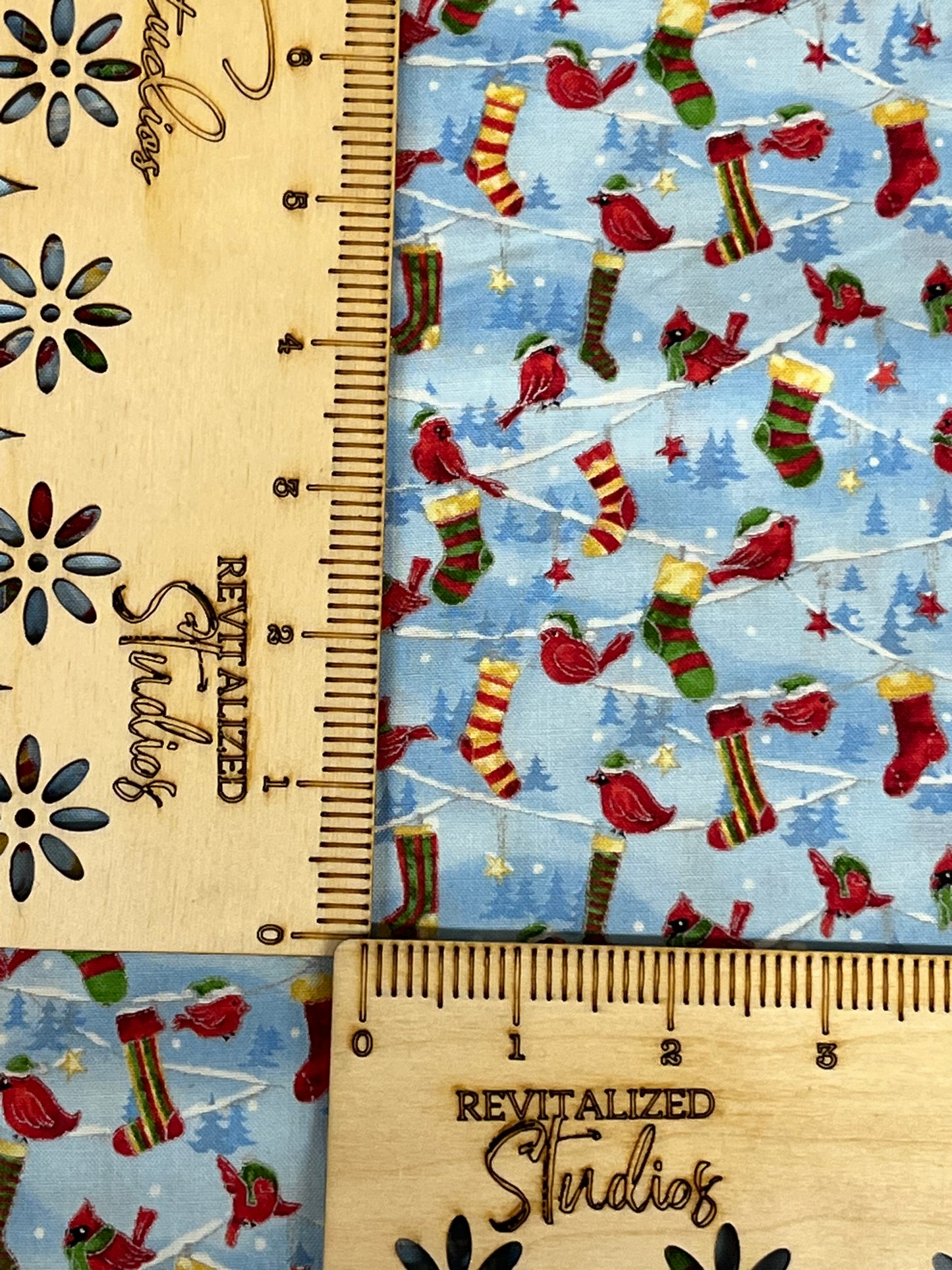 Fabric Fat Quarter Paintbrush Studios Seasons Greetings Cardinals and Stockings on Blue!