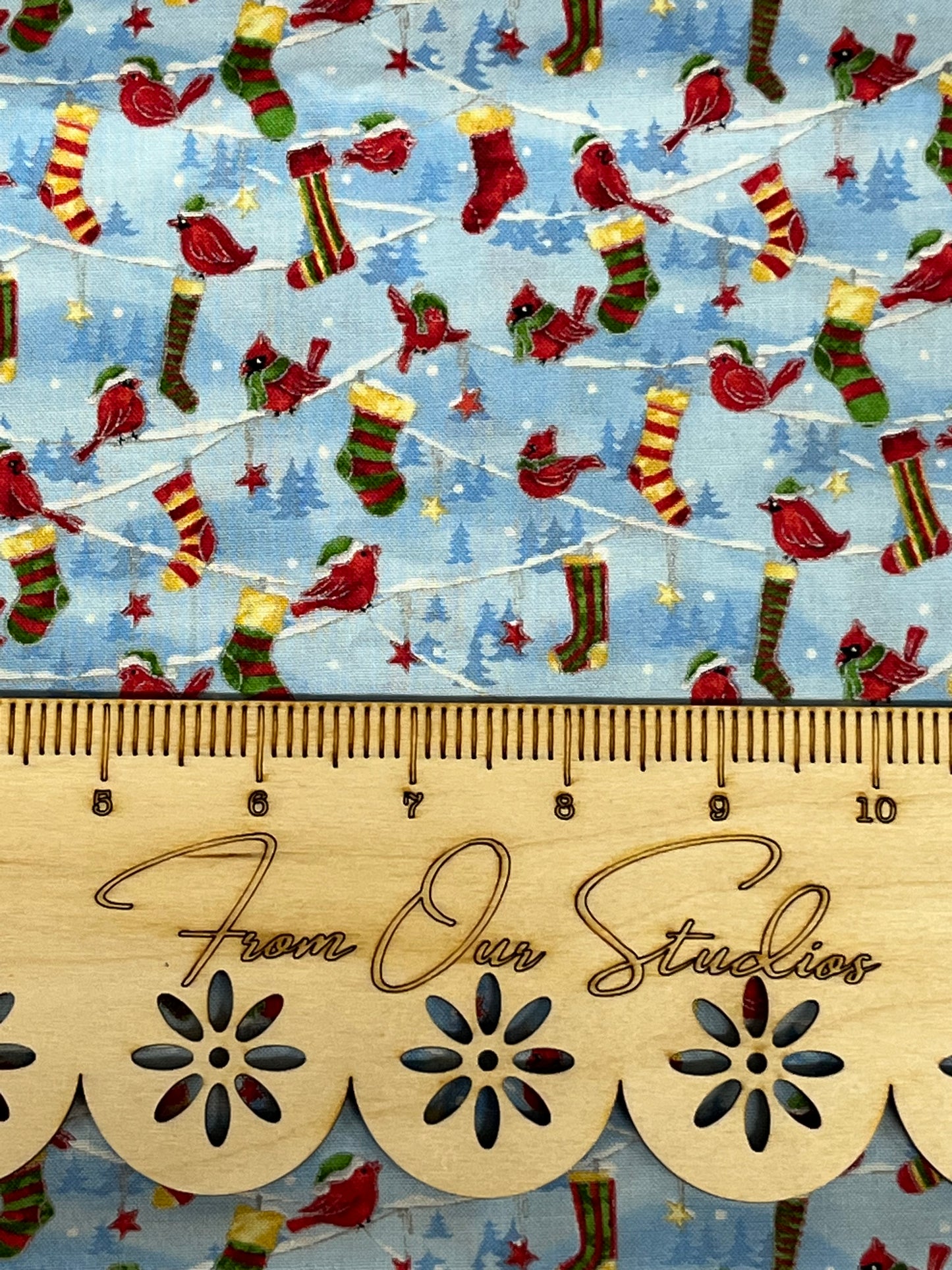 Fabric Fat Quarter Paintbrush Studios Seasons Greetings Cardinals and Stockings on Blue!