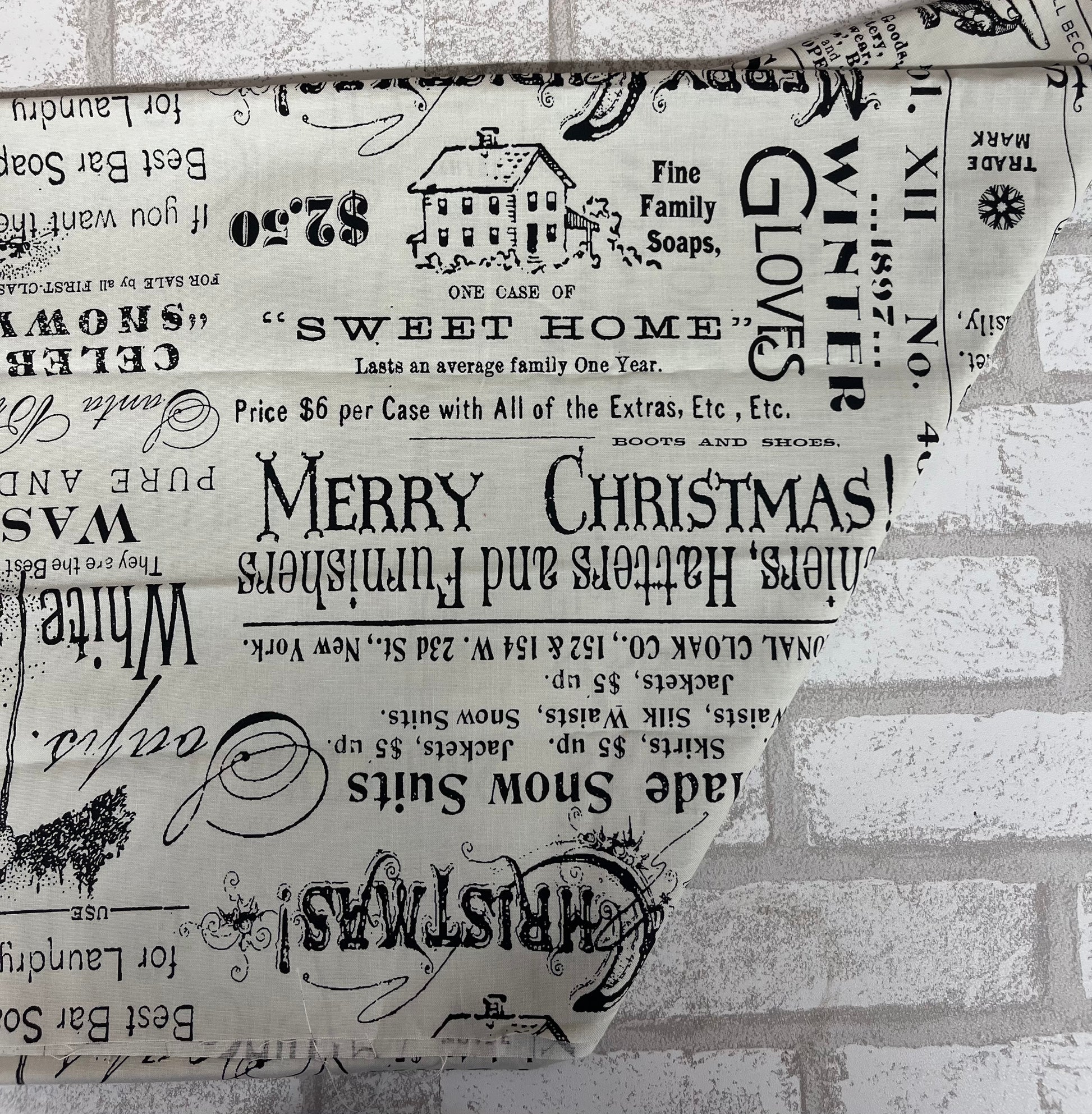 Black typography and farmhouse advertisement print on gray cotton fat quarter by Riley Blake Designs