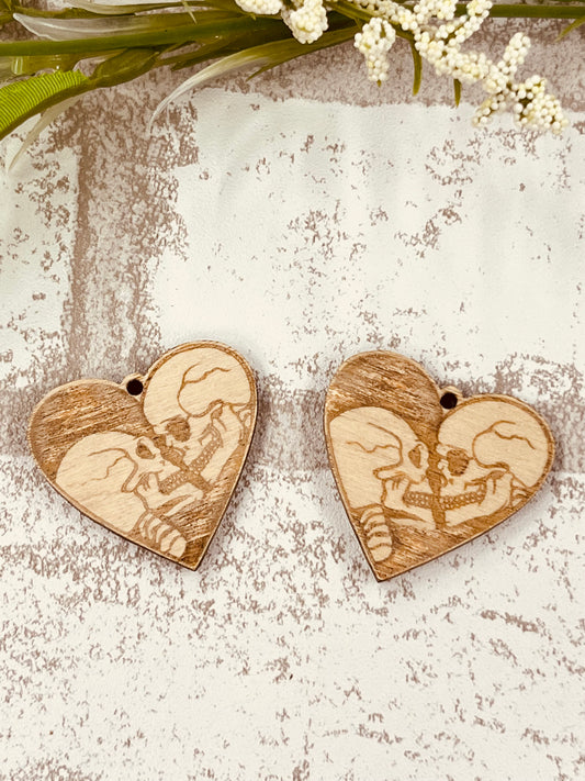 Wood Earring Blanks Two Skulls Engraved in a Heart Shaped Blank Dangle Earring.