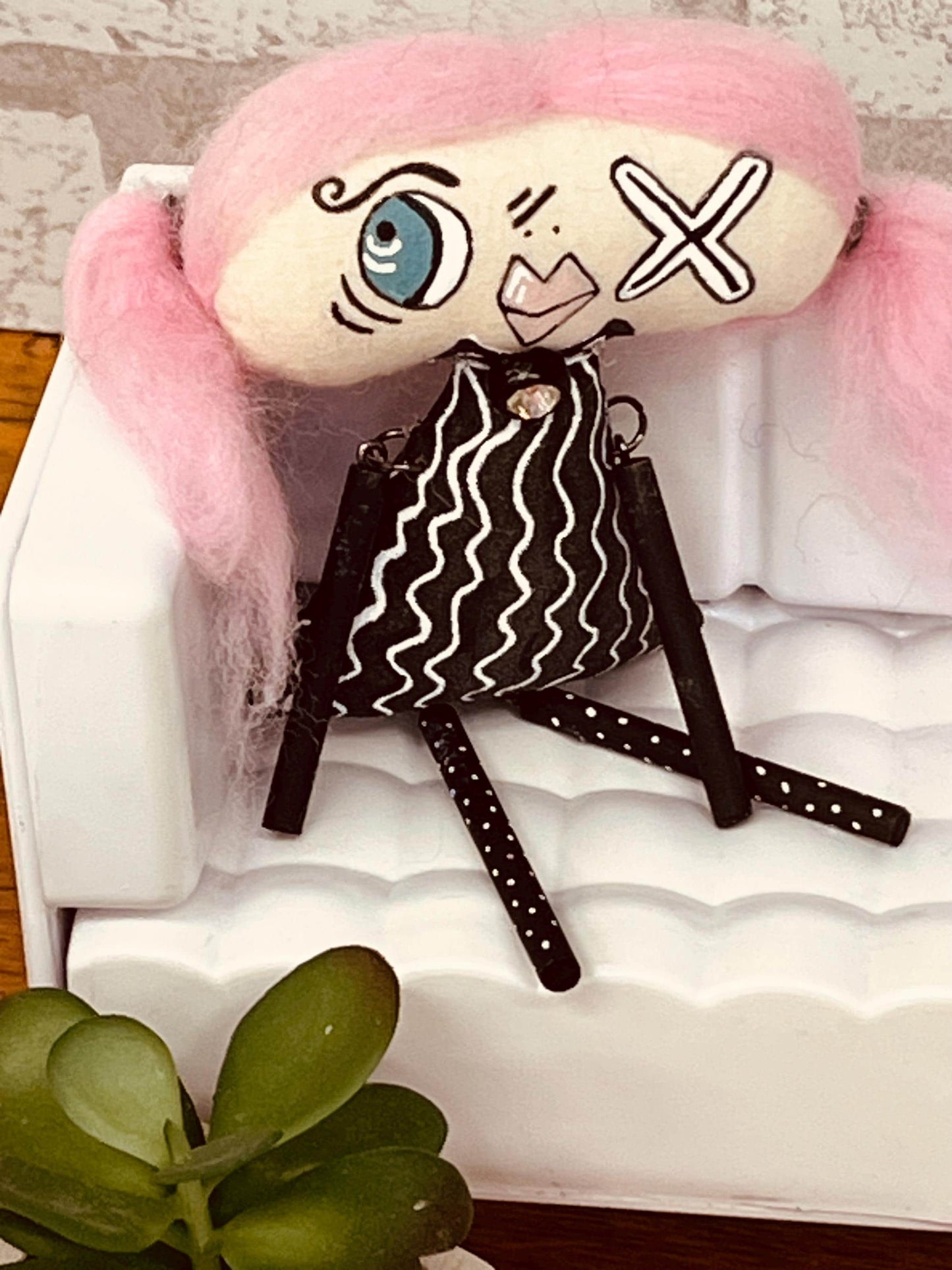 Whimsical Gothic Art Doll "Zelda Noir" - Spooky Cute Handmade Collectible - Pink Hair Pastel Goth Decor - Creepy Cute Fright Stitches Doll