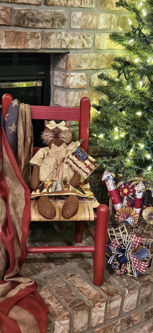 Primitive Americana Kitty Doll, Prudence Cloth Cat with Patriotic Flag, Handmade, Farmhouse, Rustic Folk Art Decor, 20 in, Stuffed Animal