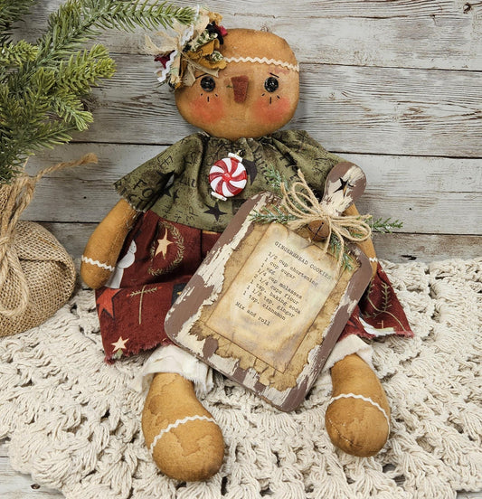 Primitive Grunged Gingerbread Doll,Mini Gingerbread Recipe Bread Board, Vintage Inspired, Folk Art Christmas, Shelf Sitter, Cinnamon Scented
