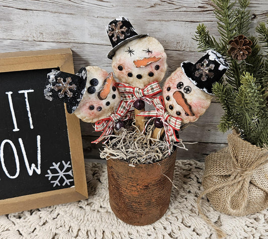Whimsical Grungy Snowman Pops, Set of 3, Primitive Christmas Tree Ornaments, Folk Art, Winter Bowl Fillers, Tie Ons, Junk Journal Bookmarks