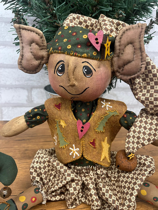 Primitive Christmas Elf Doll  Bramble Buttons Tinkertoe  Handmade Folk Art Doll   Wooden Pull Toy Tree  Rustic Decor