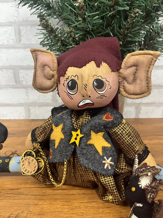 Whimsical Primitive Elf Doll  Tinker Tock Fidgetwick & Cinderflick Dragon  Handmade Art Doll  Steampunk Christmas Shelf Sitter