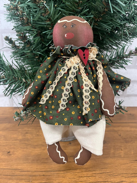 Pippery Pinecone  Primitive Gingerbread Doll  Handmade 9 Christmas Shelf Sitter  Green Farmhouse Gingerbread Girl