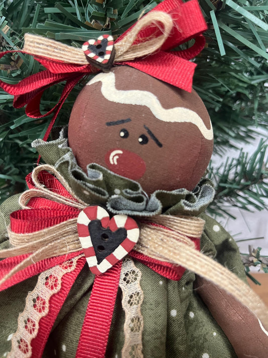 Holly Jollybuns  Primitive Gingerbread Doll  Handmade Christmas Shelf Sitter  Green Snow Dot Holiday Décor  Farmhouse Gingerbread